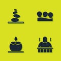 Set Stack hot stones, Sauna and spa procedures, Aroma candle and Vacuum cans icon. Vector