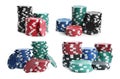 Set with stacks of different casino chips on white background. Poker game Royalty Free Stock Photo