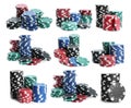 Set with stacks of different casino chips on white background. Poker game Royalty Free Stock Photo