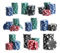 Set with stacks of different casino chips on white background. Poker game Royalty Free Stock Photo