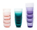 Set with stacks of different multicolored empty glasses