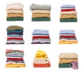 Set of Stacks of folded clothes on white background Royalty Free Stock Photo