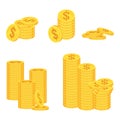 Set of stacks of gold dollar coins on white background. Royalty Free Stock Photo