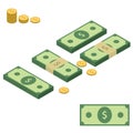 Set of stacks of money. Banknotes and coins. Isometric elements for your design.