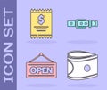 Set Stacks paper money cash, Paper check and financial check, Hanging sign with Open and Leather belt icon