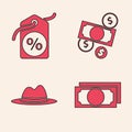 Set Stacks paper money cash, Discount percent tag, Money cash and coin and Man hat with ribbon icon. Vector Royalty Free Stock Photo