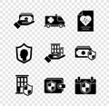 Set Stacks paper money cash, Emergency car, Health insurance, House with shield, Wallet, Calendar, Life and icon. Vector
