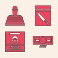 Set Stacks paper money cash, Prisoner, Evidence bag and knife and Wanted poster icon. Vector