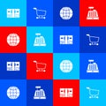 Set Stacks paper money cash, Shopping cart, Worldwide and Cash register machine icon. Vector