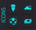 Set Stacks paper money cash, Taxi driver, Taximeter device and call telephone service icon. Black square button. Vector