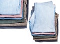 Set of stacks of various jeans and corduroys