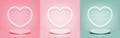 Set of stage podium decoration with heart shape neon lighting. Pedestal scene with for product display on Pink, Peach, Green