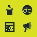 Set Stage stand or tribune, Megaphone, Broken window and Handcuffs icon. Vector Royalty Free Stock Photo