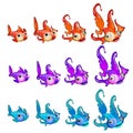 Set of stages of a growing of the cartoon colorful fish isolated on a white background. Cartoon vector close-up Royalty Free Stock Photo