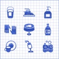 Set Stain on the tablecloth, Vacuum cleaner, Sponge, Bottle for cleaning agent, Washing dishes, Rubber gloves, of liquid