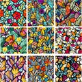 Set of stained glass patterns with flowers and leaves. Colorful vector backgrounds.