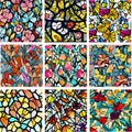 Set of stained glass patterns with flowers and leaves. Colorful vector backgrounds.