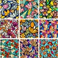 Set of stained glass patterns with flowers and leaves. Colorful vector backgrounds.