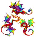 Stained glass illustration with bright winged dragons, isolates on white background