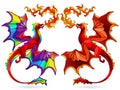 Stained glass illustration with set of bright winged dragons, isolates on white background