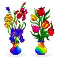 Set of elements in stained glass style , vases with flowers, tulips and irises in bright vases, isolated on white background Royalty Free Stock Photo