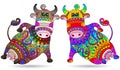 Set of stained glass illustrations with cute cartoon cows, animals isolated on a white background