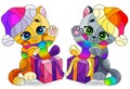 A set of stained glass illustrations with cute cartoon cats, Christmas theme Royalty Free Stock Photo