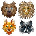 Stained glass set with animal heads, a Fox, a lion, a bear and a raccoon, isolates on white background Royalty Free Stock Photo