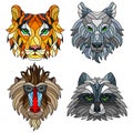 Stained glass set with animal heads, a wolf, a tiger, a monkey and a raccoon, isolates on white background Royalty Free Stock Photo