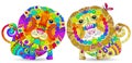 Set of stained glass-style illustrations with cute cartoon lions, animals isolated on a white background