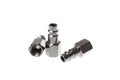Set of stainlees steel male couplings with female thread, isolated on white background