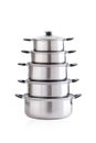 Set of stainless pots with glass lids Royalty Free Stock Photo