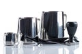 Set of Stainless Steel Milk Pitchers Jugs. Foaming Jug. Latte art for barista. Coffee Accessories. Barista Kit Royalty Free Stock Photo