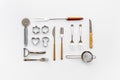 Set of stainless utensils cookware and tools, flat lay