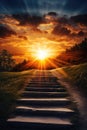 A set of stairs leading up to a beautiful sunset. Perfect for illustrating progress, personal growth, and new beginnings