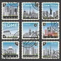 Set of Stamps with Different City and Landmarks. Royalty Free Stock Photo