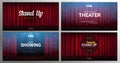 Set of Stand up and Theater banners. Red curtains stage, theater or opera background with spotlight. Royalty Free Stock Photo
