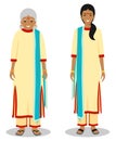 Set of standing together old and young indian woman in the traditional clothing isolated on white background in flat