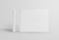 Set of standing white hardcover books landscape orientation, front and side view, isolated on background