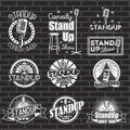 Set of standup comedy show white labels and logos with black background. Vector badges and stickers Royalty Free Stock Photo