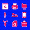 Set Stapler, Document settings, Briefcase, Mobile phone, Tie, Fountain pen nib, folder and Browser icon. Vector