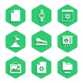 Set Stapler, Document settings, folder, Board with graph, Picture landscape, Mountains flag on top, Browser and File
