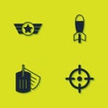 Set Star American military, Target sport, Military dog tag and Rocket launcher icon. Vector