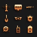 Set Star American military, Walkie talkie, Military rank, Police badge, Peace, Shovel, Submachine gun and Plane icon