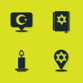 Set Star and crescent, of David, Burning candle and Jewish torah book icon. Vector Royalty Free Stock Photo