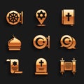 Set Star and crescent, Tombstone with cross, Decree, paper, parchment, scroll, Torah, Muslim Mosque, Holy bible book and