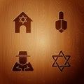 Set Star of David, Jewish synagogue, Orthodox jewish hat and Hanukkah dreidel on wooden background. Vector Royalty Free Stock Photo