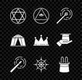 Set Star of David, Masons, Magic wand, Spider web, Magician hat rabbit ears, Circus tent and Crown icon. Vector Royalty Free Stock Photo