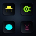 Set Star of David necklace on chain, Orthodox jewish hat, Jewish sweet bakery and synagogue. Black square button. Vector