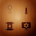 Set Star of David, necklace on chain, Torah scroll and Burning candle on wooden background. Vector Royalty Free Stock Photo